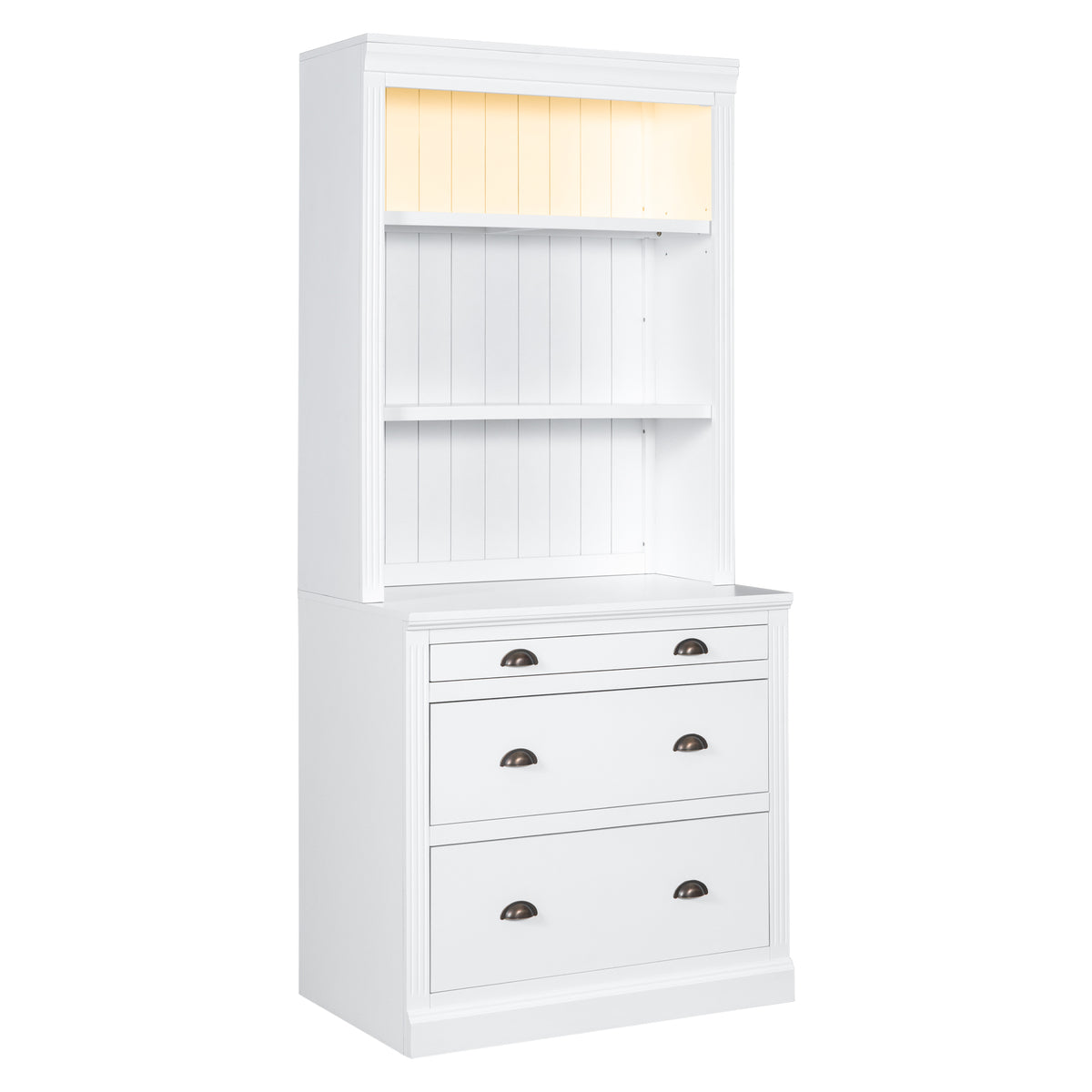 White Bookshelf with a Built in Look and Lights