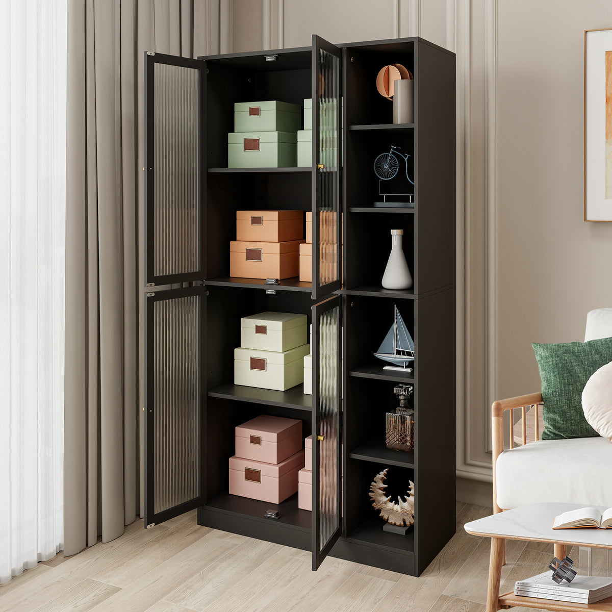 Black Shelf with Doors and Glass Closing Doors