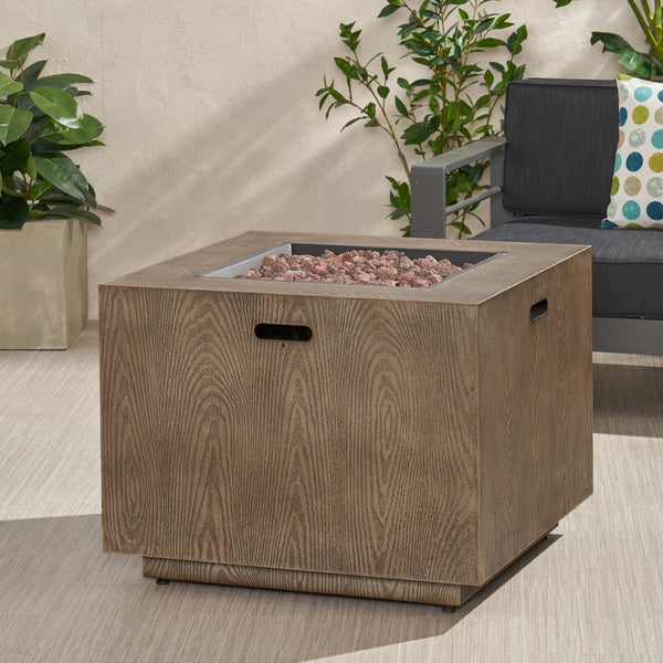 Outdoor Patio Gas Burning Fire Pit - 50, 000 BTU Tank Inside, Square, Iron Wood Pattern, Brown