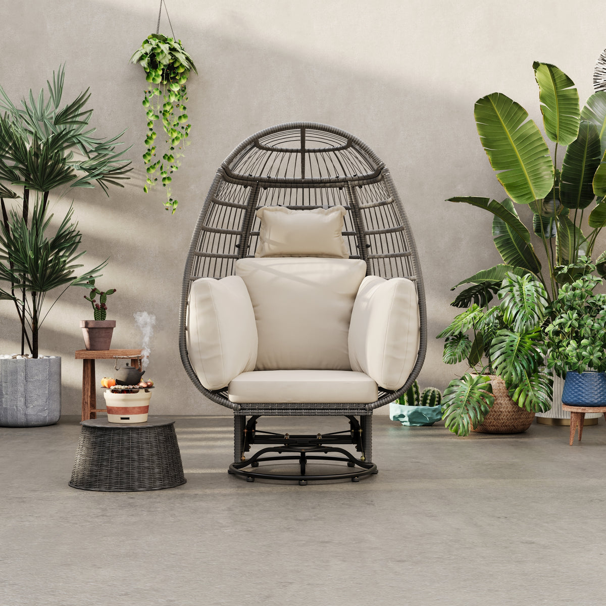 Grey Wicker Swivel Poolside Egg Chair with Cushions