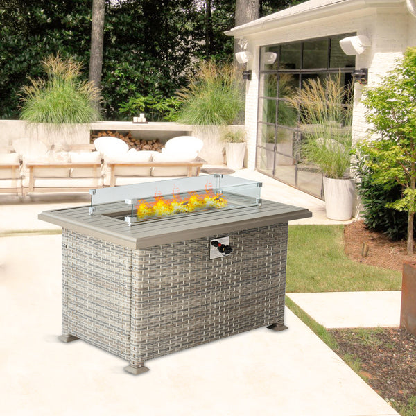 Outdoor Wicker Gas Fire Table,  Patio Propane Gas Fire Pit w Aluminum Tabletop,Glass Wind Guard