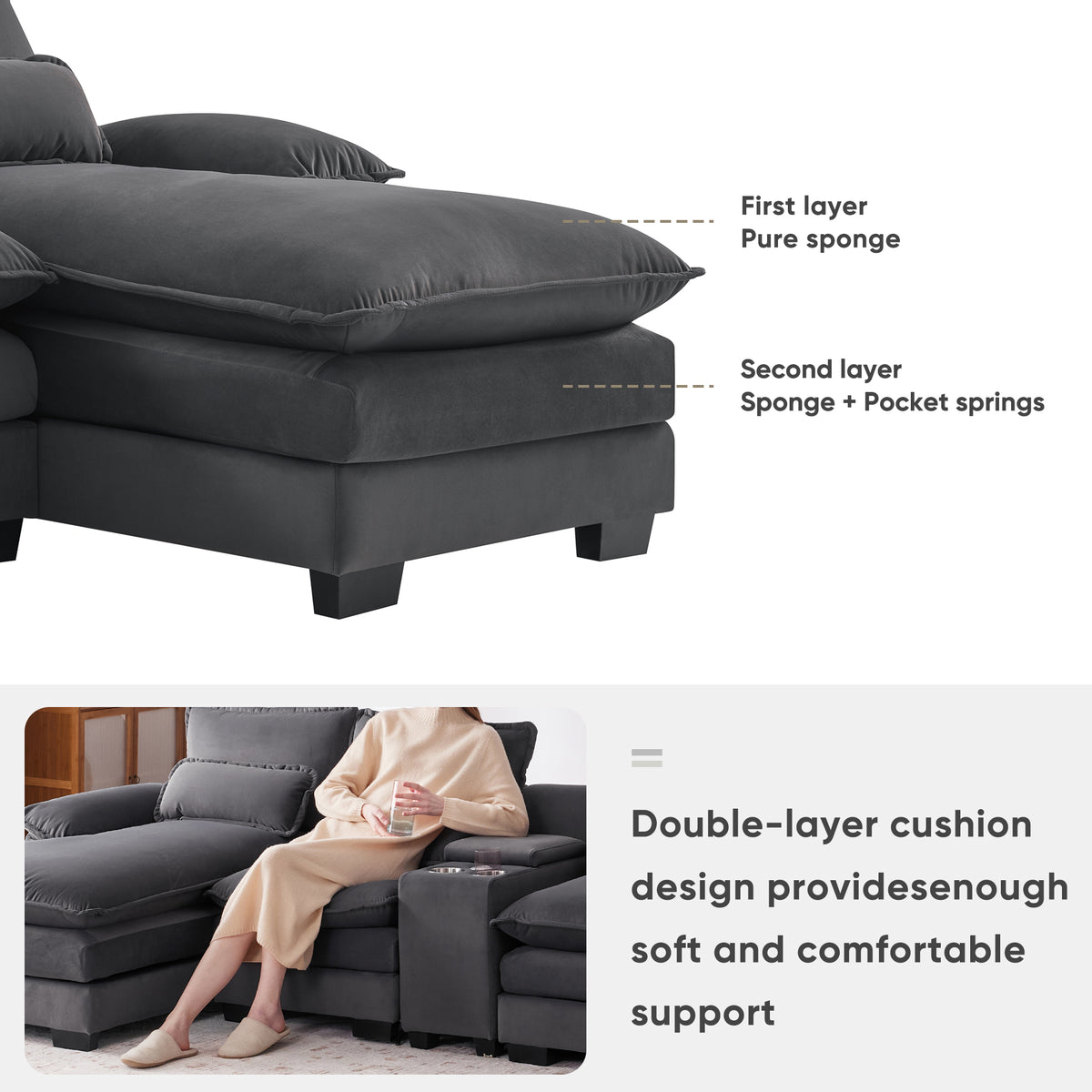 U-Shaped Sofa with Center Console Dark Grey