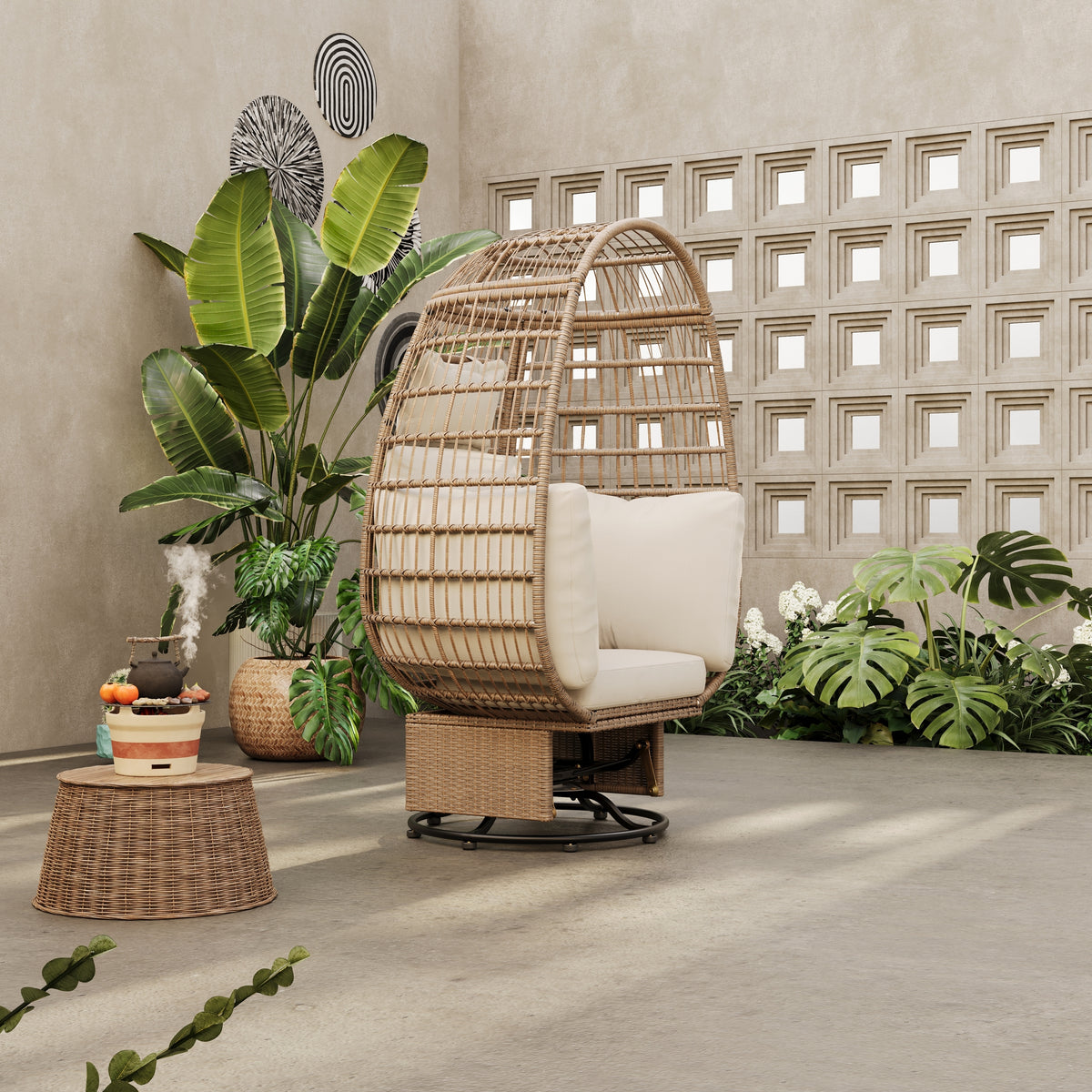 Natural Color Wicker Swivel Egg Chair with Cushions