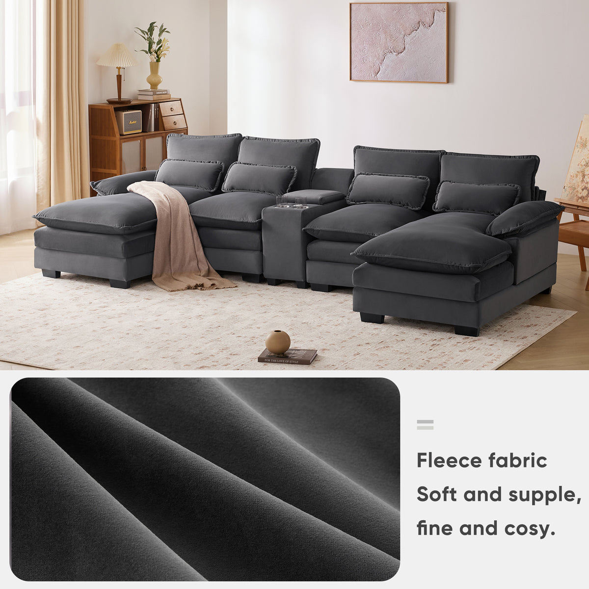 U-Shaped Sofa with Center Console Dark Grey