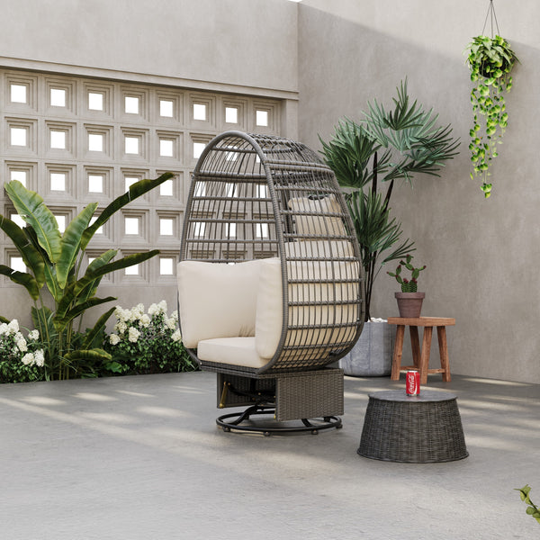 Grey Wicker Swivel Poolside Egg Chair with Cushions