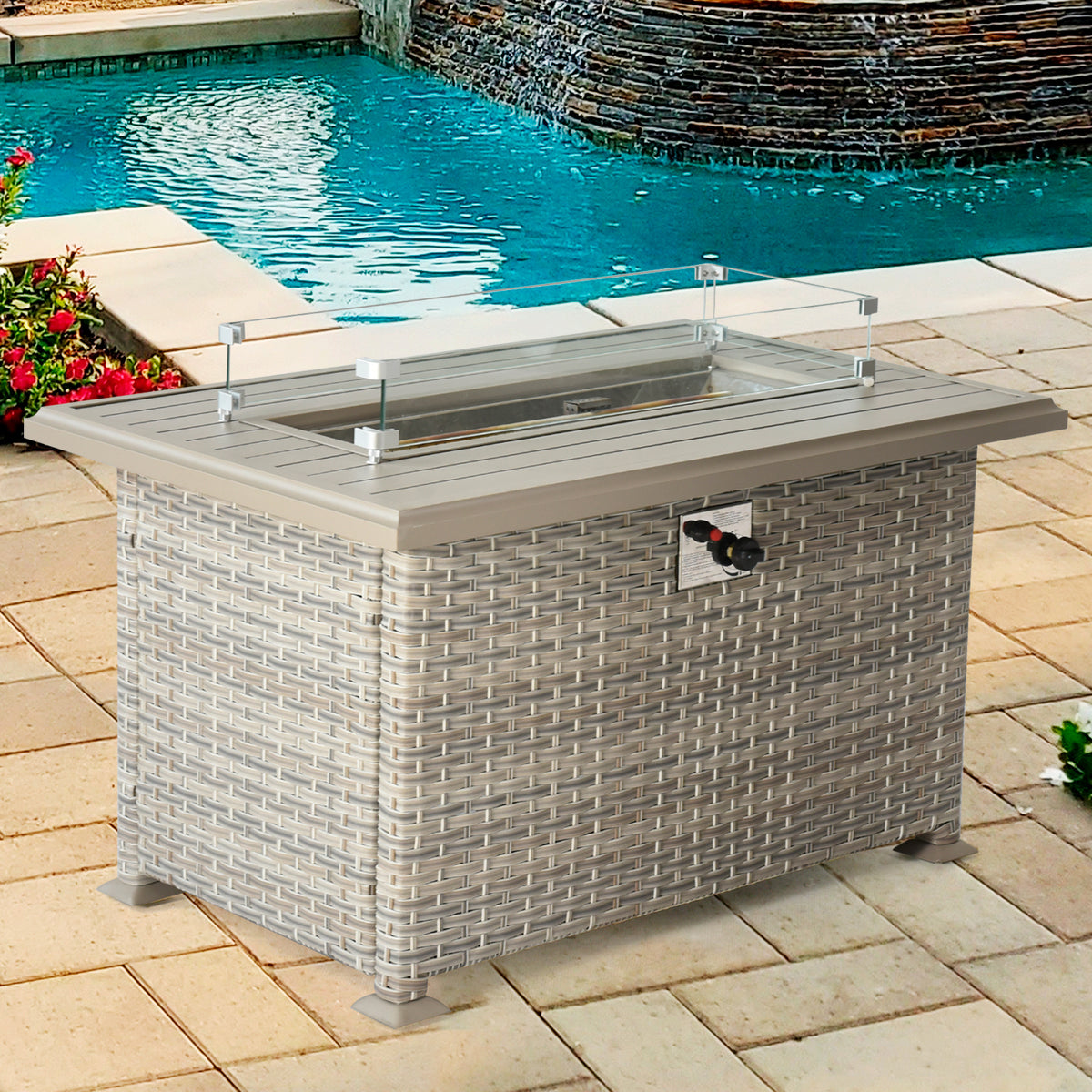 Outdoor Wicker Gas Fire Table,  Patio Propane Gas Fire Pit w Aluminum Tabletop,Glass Wind Guard