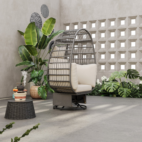 Grey Wicker Swivel Poolside Egg Chair with Cushions