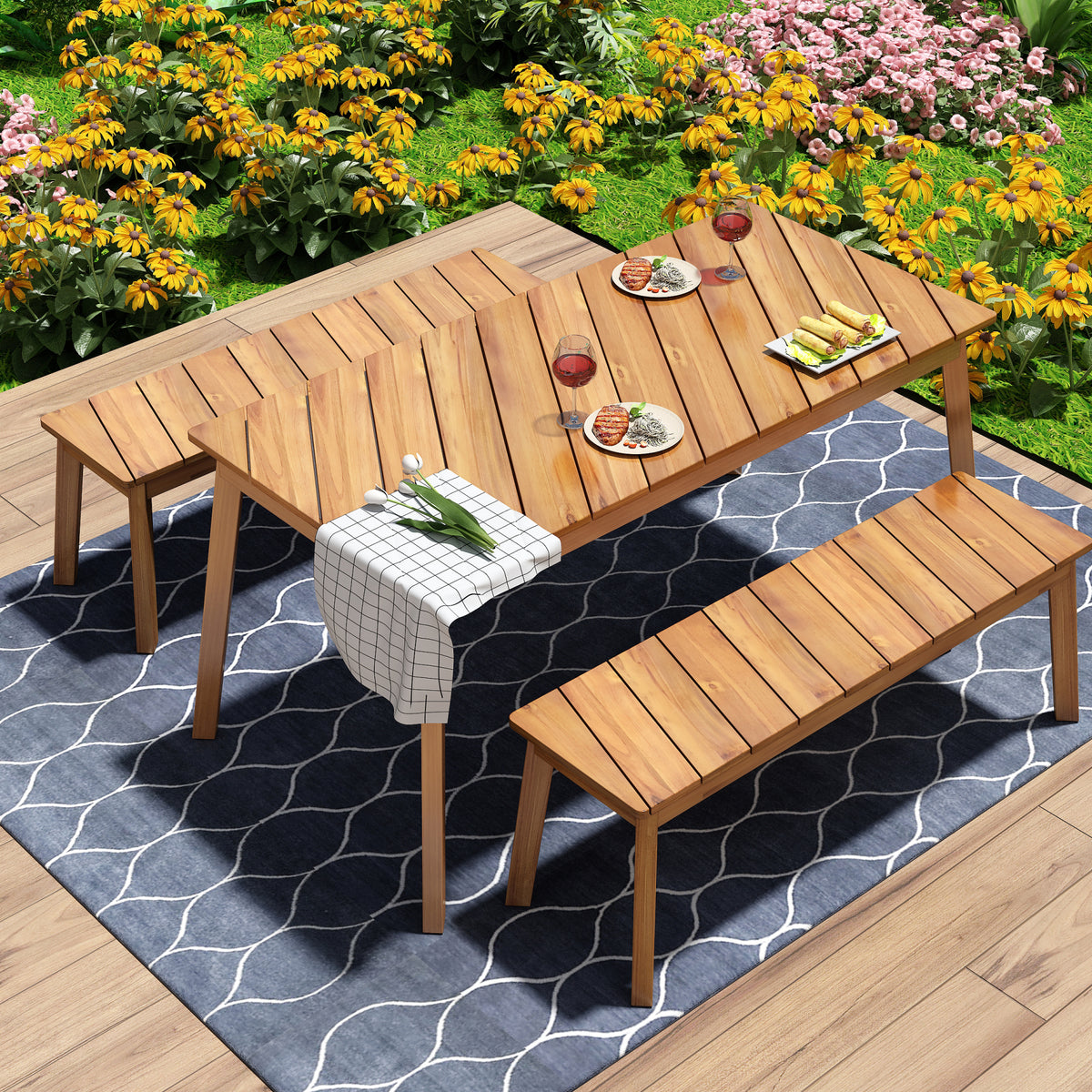 Outdoor Wooden Table and Bench Set 3-Pieces