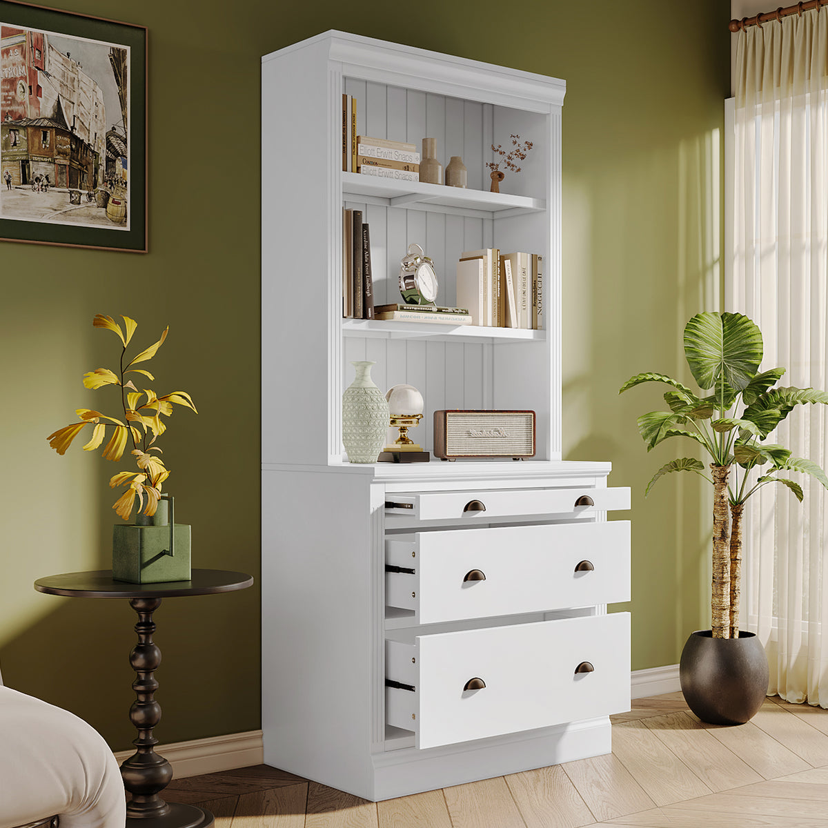 White Bookshelf with a Built in Look and Lights