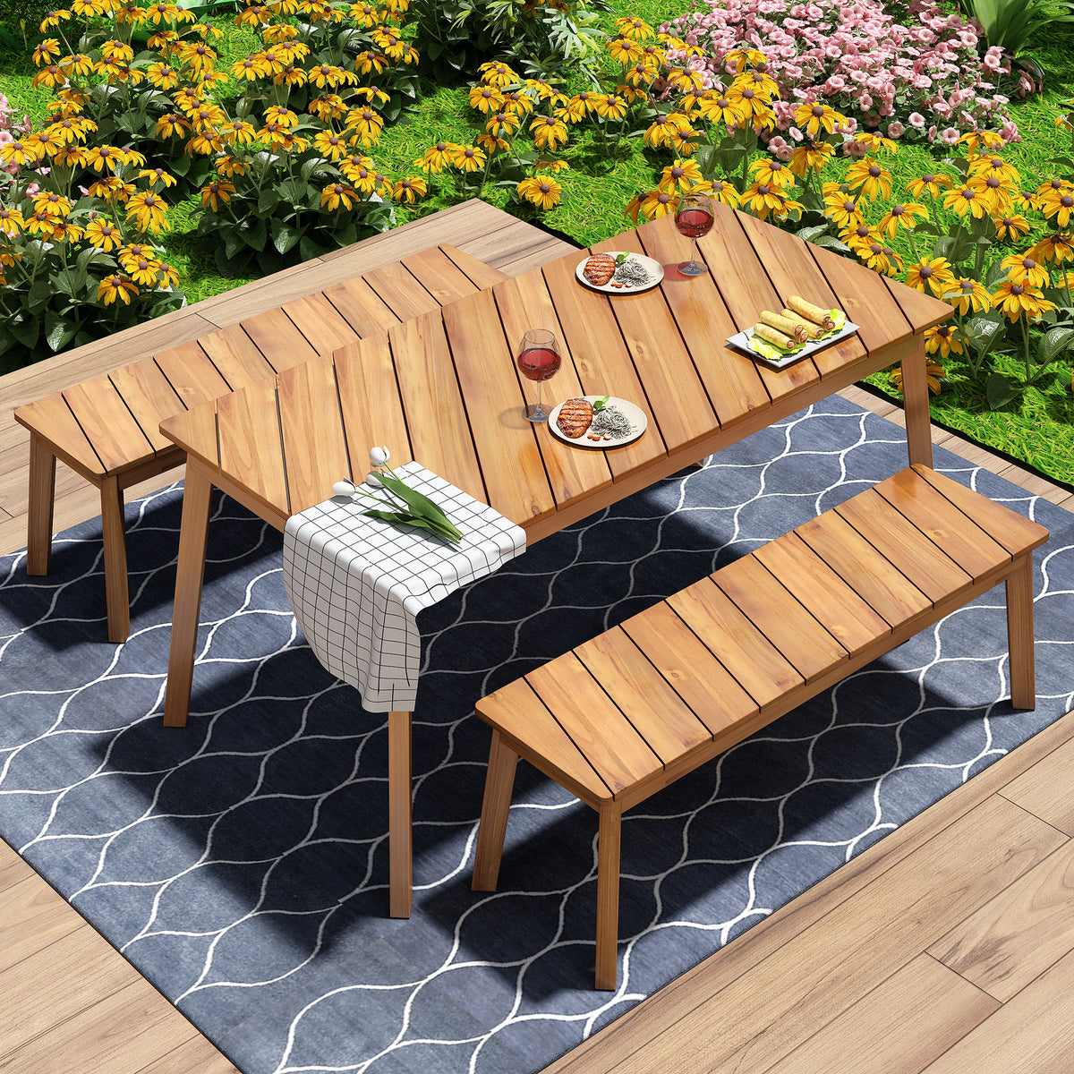 Outdoor Wooden Table and Bench Set 3-Pieces