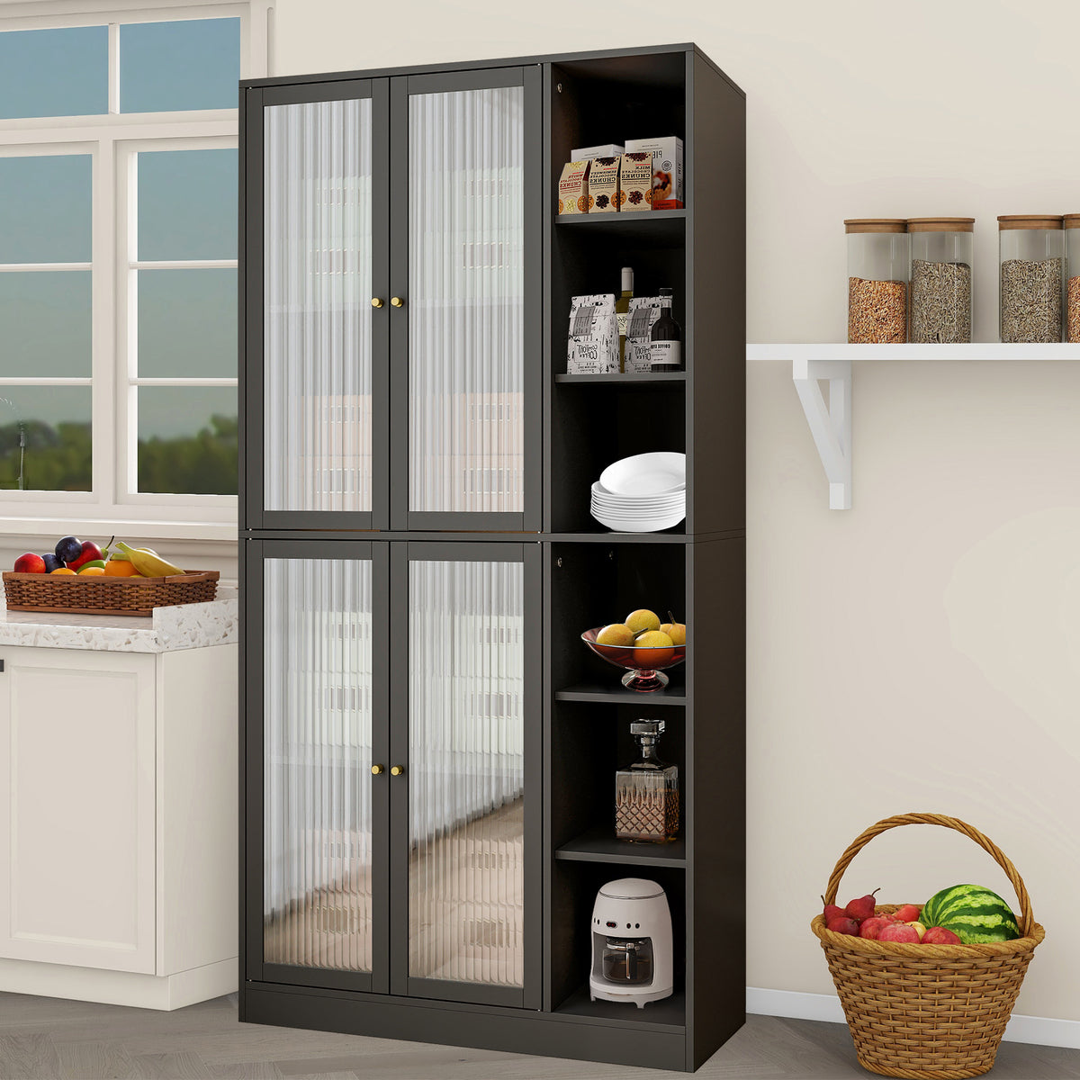 Black Shelf with Doors and Glass Closing Doors