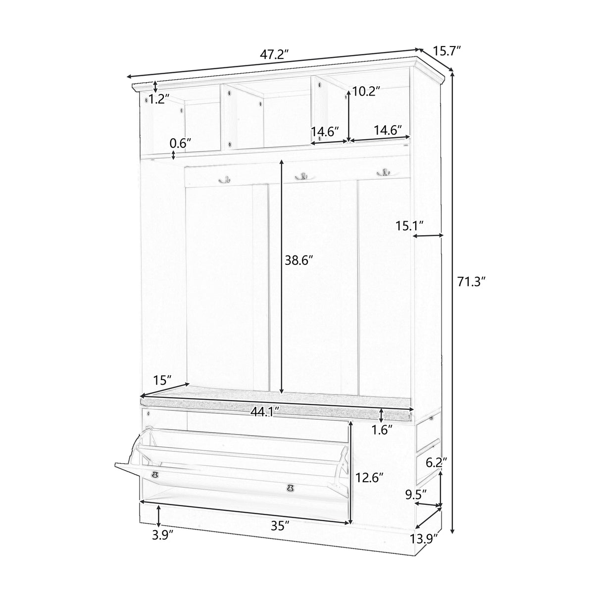 U-Can 5-in-1 Entryway Bench with Coat Rack, Cushion and 3 Sturdy Hooks, 47.2'' Wide Hall Tree with Shoe Storage Bench for Hallway, Entryway, Living Room