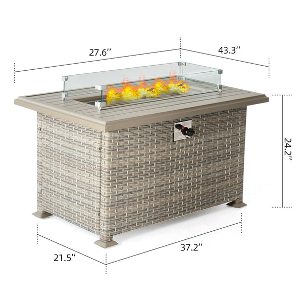 Outdoor Wicker Gas Fire Table,  Patio Propane Gas Fire Pit w Aluminum Tabletop,Glass Wind Guard