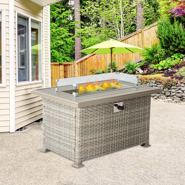 Outdoor Wicker Gas Fire Table,  Patio Propane Gas Fire Pit w Aluminum Tabletop,Glass Wind Guard