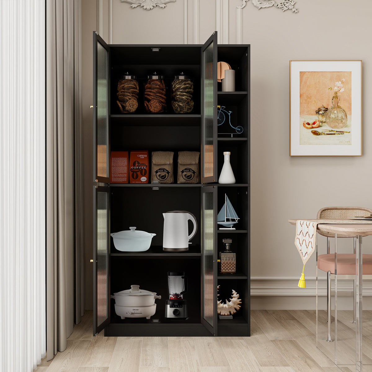 Black Shelf with Doors and Glass Closing Doors