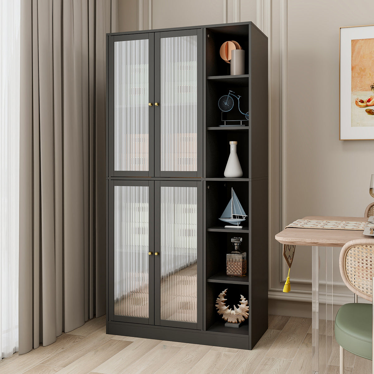 Black Shelf with Doors and Glass Closing Doors