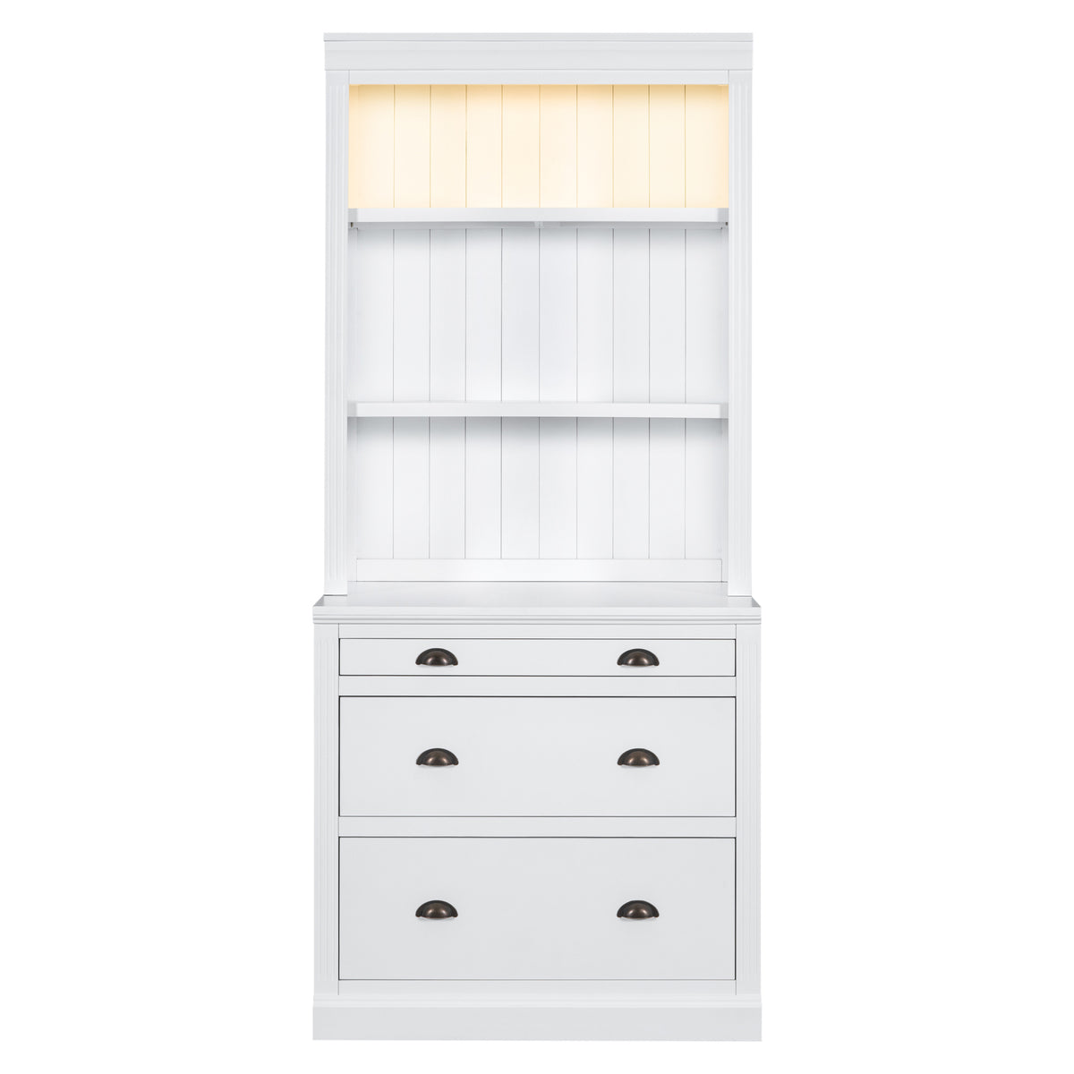 White Bookshelf with a Built in Look and Lights