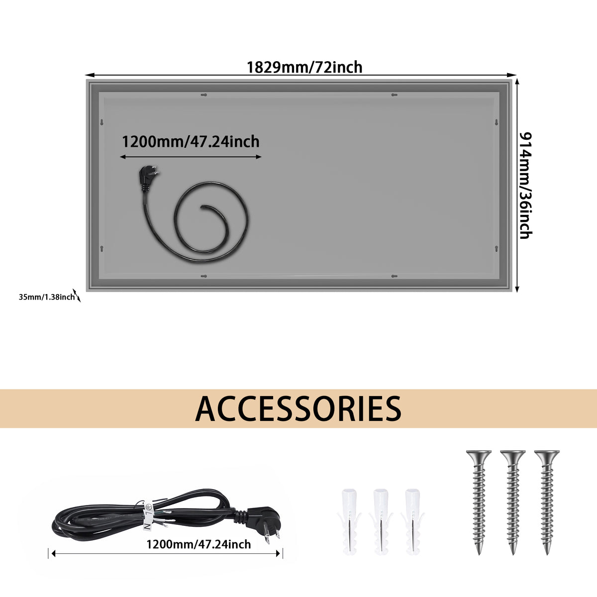 72X36 Led-Lit Bathroom Mirror with Dimmer Switch